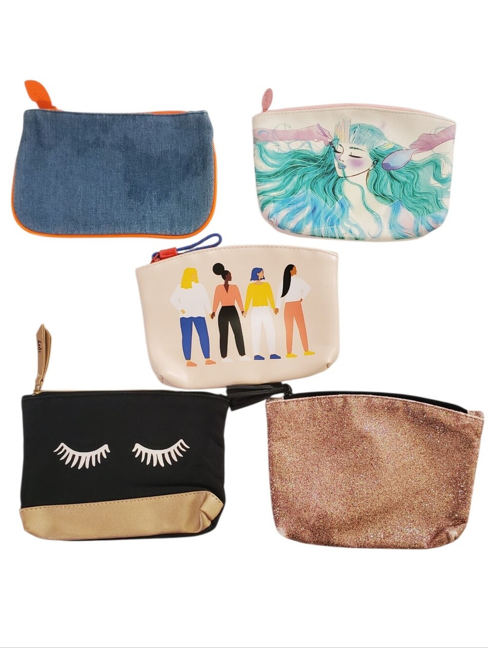 IPSY Bags Set of 5 Assorted Cosmetic Bags Denim Mermaid Stronger Together Lashes